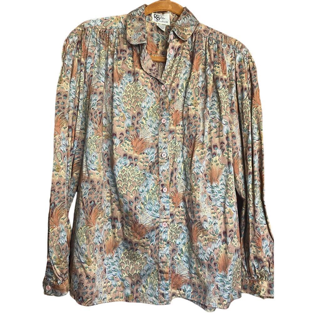 VINTAGE Cottage Core Cotton Peacock Feather Blouse